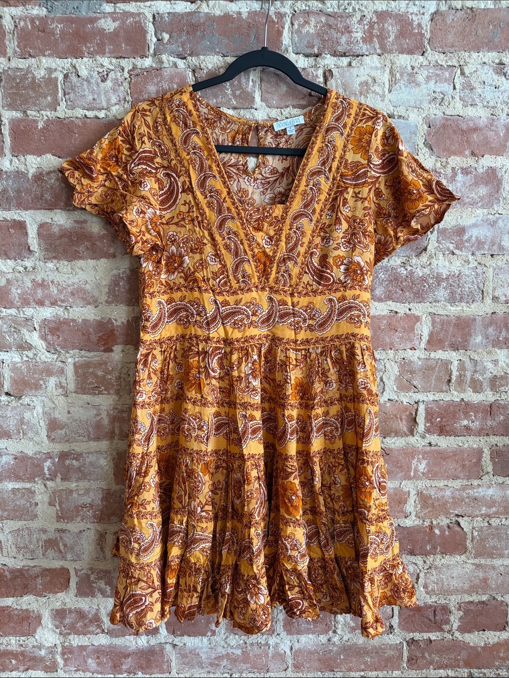Patrons of Peace Mustard and Rust Paisley V-Neck Mini Dress